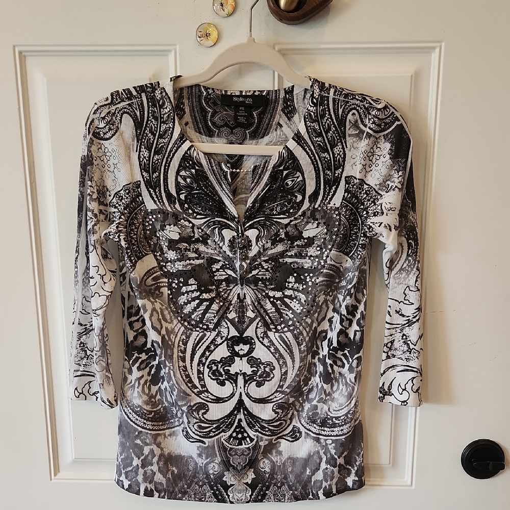 Style & Co. Black and White Baroque Print Blouse